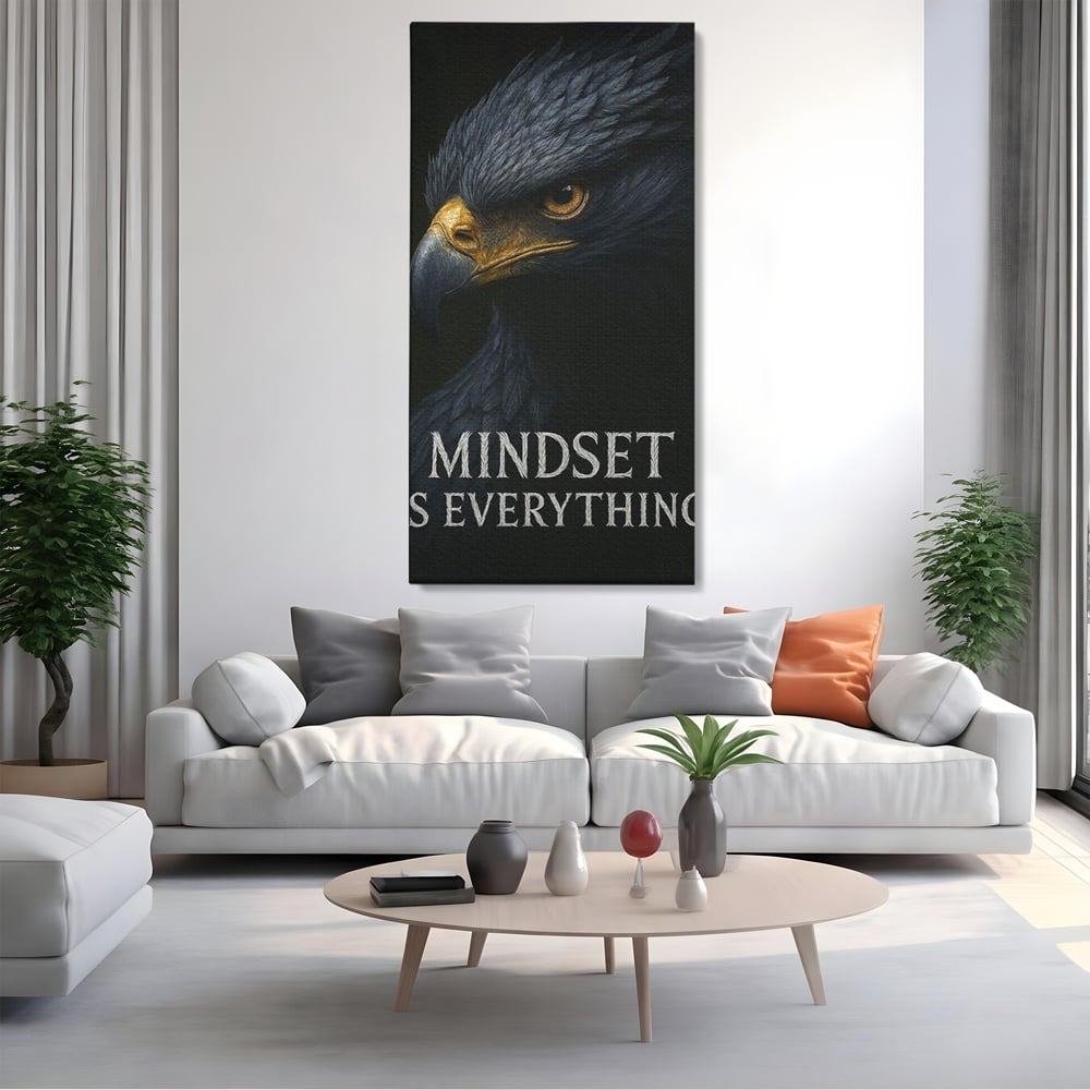 Tablou canvas cu tablou canvas cu vultur si mesaj, fara rama, pe sasiu de lemn, pe perete intr-un living